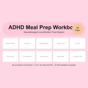 Pode incluir: Um livro de exercícios digital ADHD Meal Prep Workbook com fundo rosa claro. O texto diz ADHD Meal Prep Workbook, Neurodivergent Low-Decision Food System, 17 Pages, e lista seções como Weekly Meal Plan, Grocery List e Low-Spoon Guide.