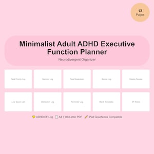 May include: A 13-page digital planner on a light pink background titled Minimalist Adult ADHD Executive Function Planner. It features ten white rectangular sections labeled Task Priority Log, Memory Log, Task Breakdown, Barrier Log, Weekly Review, Low Spoon List, Distraction Log, Reminder Log, Blank Templates, and EF Notes.