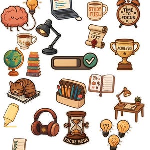 Peut inclure: Ensemble d'illustrations de style dessin animé sur le thème des études. Comprend un cerveau, un ordinateur portable, une tasse avec "Study Fuel", un réveil, des livres, un globe, des crayons, un casque, un sablier avec "Focus Mode" et des ampoules.