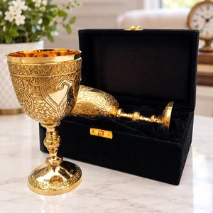 Personalized Engraved Gold-Plated Brass Goblet, Medieval Style Chalice, Wine Cup Wedding and Anniverary Gift