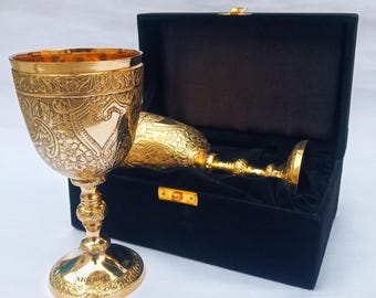 Personalized Engraved Gold-Plated Brass Goblet, Medieval Style Chalice, Wine Cup Wedding and Anniverary Gift
