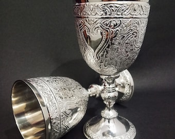 Copa de vino de latón bañada en plata personalizada, cáliz grabado, copa de estilo medieval, regalo de boda y aniversario.
