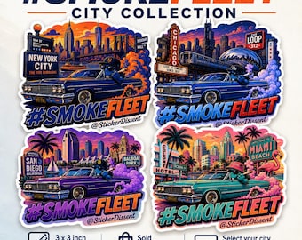 Smokefleet City Sticker, 3x3 Waterproof Glossy Decal, Choose NYC Chicago Miami or San Diego
