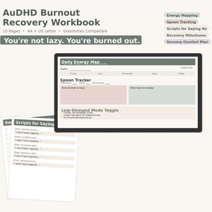 May include: A digital workbook titled "AuDHD Burnout Recovery Workbook" with pages for energy mapping, spoon tracking, and recovery milestones. The workbook includes the text "You're not lazy. You're burned out." and "Scripts for Saying No."