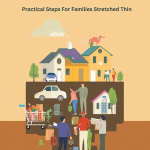 May include: A book cover illustration for "The Resilient Household: Practical Steps For Families Stretched Thin." The image shows houses, people, and a shopping trolley, conveying themes of family and home life.