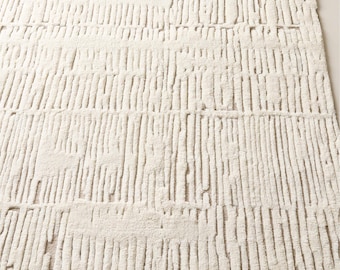 Hand Knotted Wool Rug Ivory Cream Abstract Textured Area Rug Handmade Modern Minimalist Linear Rug Living Room Bedroom Decor