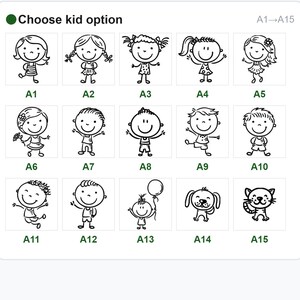May include: A selection of fifteen black and white cartoon kid options, labeled A1 through A15. The options include various smiling children, a dog, and a cat, each with unique hairstyles and outfits. The text "Choose kid option" is at the top.