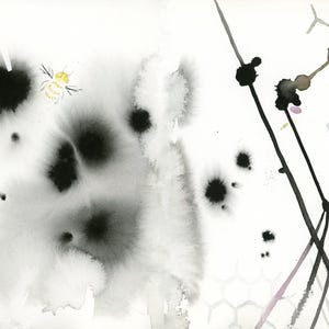May include: Watercolour painting depicting a bee with yellow and black markings, set against abstract black ink blots and washes. The artwork includes linear elements and a honeycomb-like structure, on a white background.