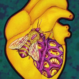 May include: A vibrant illustration of a yellow heart with a purple and yellow honeycomb-like structure inside. A bee with purple and yellow stripes and translucent wings is positioned on the heart. The background is a mottled teal.