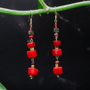 Red Coral Bead Earrings - witchy occult jewelry gift art spooky - by Grumpy Mammoth Studios - Aoife Caroselli
