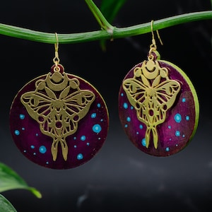 Celestial Moon Moth Earrings - witchy occult jewelry gift art spooky - by Grumpy Mammoth Studios - Aoife Caroselli