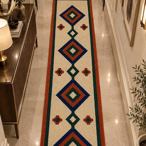 Hand Tufted Geometric Runner Rug, Modern Tribal Wool Rug, Southwestern Diamond Rug, Boho Hallway Runner, Abstract Green Navy Rust Area Rug