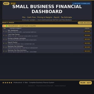 Puede incluir: Panel de control financiero digital para pequeñas empresas con fondo oscuro y texto blanco. Incluye funciones de P&L, flujo de caja, precios, nómina y estimación de impuestos. Compatible con Microsoft Excel y Google Sheets, 6 pestañas.