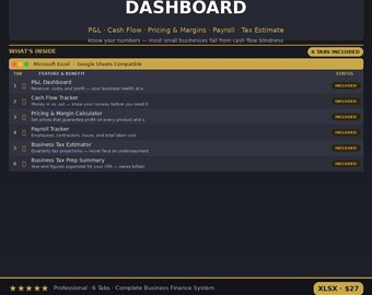 Small Business Financial Dashboard Excel - P&L;, Cash Flow, Pricing Calculator, Payroll Google Sheets