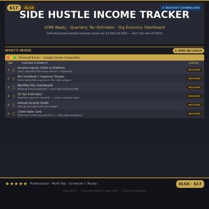 May include: Digital side hustle income tracker with a dark background and white text. Features include an income log, expense tracker, and tax estimator. Includes 6 tabs and is compatible with Microsoft Excel and Google Sheets.