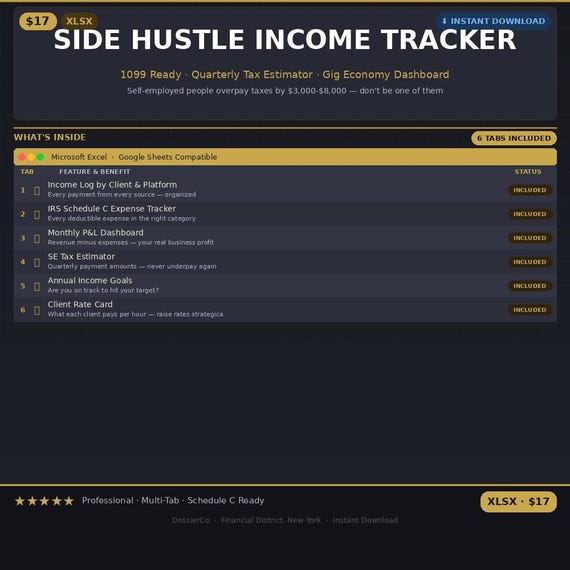 Side Hustle Tracker Excel - Gig Income, 1099 Tracker, Quarterly Taxes, Mileage Log Google Sheets