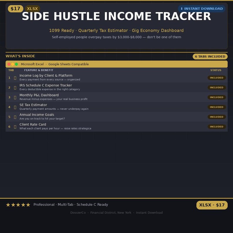 May include: Digital side hustle income tracker with a dark background and white text. Features include an income log, expense tracker, and tax estimator. Includes 6 tabs and is compatible with Microsoft Excel and Google Sheets.