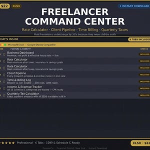 May include: A dark blue digital product titled "Freelancer Command Centre" with a gold header. The product includes a rate calculator, client pipeline, and time billing features. It is compatible with Microsoft Excel and Google Sheets. The product includes 6 tabs.