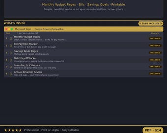 Personal Finance Planner PDF - Monthly Budget Pages, Bill Tracker, Savings Goals, Debt Payoff Printable