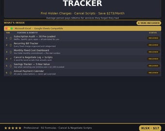 Subscription Tracker Excel - Bill Audit Spreadsheet, Cancel Subscriptions, Monthly Expense Tracker