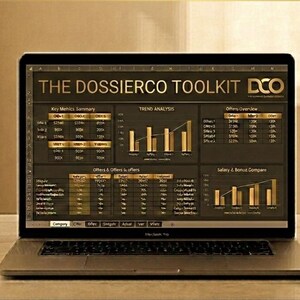 May include: A laptop displaying "THE DOSSIERCO TOOLKIT" with data charts and graphs. The laptop sits on a desk with a gold pen holder, pens, a gold mouse, and a mug. The screen shows data analysis.