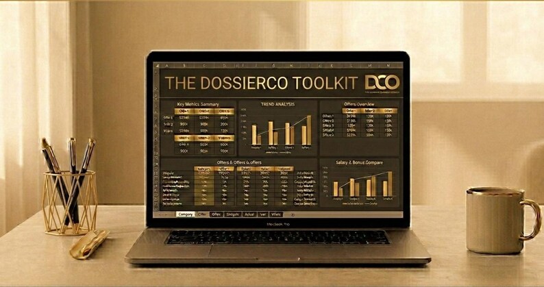 May include: A laptop displaying "THE DOSSIERCO TOOLKIT" with data charts and graphs. The laptop sits on a desk with a gold pen holder, pens, a gold mouse, and a mug. The screen shows data analysis.