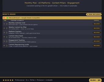 Social Media Content Calendar PDF - Monthly Planner, Content Pillars, All Platforms, Posting Schedule