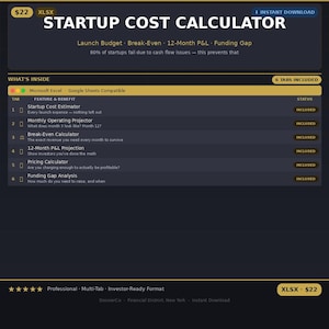 May include: A digital document in dark blue, labelled "Startup Cost Calculator", detailing features like cost estimation and financial projections. Compatible with Microsoft Excel and Google Sheets. Includes 6 tabs.