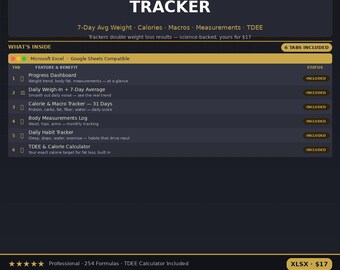 Weight Loss Tracker Excel – Calorie, Macro, Measurement Log (XLSX)