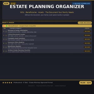 Puede incluir: Un organizador de planificación patrimonial digital con el título "Estate Planning Organizer" en texto blanco sobre un fondo oscuro. El documento incluye secciones para información personal, inventario de activos y detalles de beneficiarios. El precio es de 24 $.