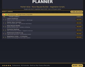 Salary Negotiation Excel - Raise Request Builder, Market Value Calculator, Career Growth Planner