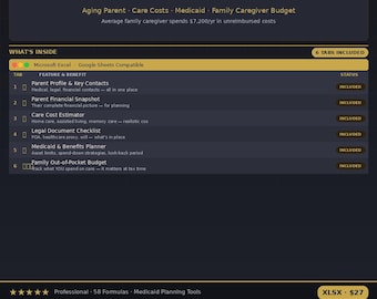 Caregiver Budget Planner Excel - Aging Parent Finance, Eldercare Costs, Medicaid Planning Google Sheets