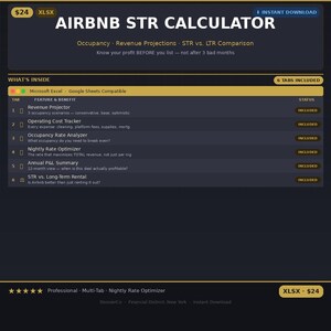 May include: A dark blue digital product titled "Airbnb STR Calculator" with the text "Occupancy - Revenue Projections - STR vs. LTR Comparison." The product includes 6 tabs, including a revenue projector, operating cost tracker, and nightly rate optimizer. The price is $24.