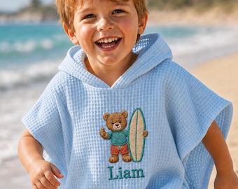 Toalla con capucha de algodón gofre personalizada, poncho de playa infantil personalizado, toalla de baño con nombre bordado, cubierta de piscina para niños pequeños, regalo infantil único