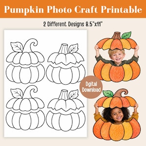 Peut inclure: Un bricolage photo citrouille imprimable présentant deux modèles différents sur des feuilles de 21,6 cm x 27,9 cm. Le téléchargement numérique comprend des dessins au trait noir et blanc de citrouilles avec une section supérieure et inférieure.