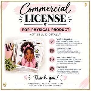 Puede incluir: Un documento de licencia comercial para productos físicos con una pila de ilustraciones impresas de una persona joven de piel oscura, cabello rizado y una diadema rosa. El texto incluye Commercial License, For Physical Product, Not Sell Digitally, What You Can Do, Commercial Use, What You Cannot Do, Your Rights y Thank You.