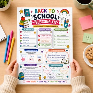 Może przedstawiać: Arkusz aktywności Back to School Blessing Kit z kolorowymi ilustracjami książek, tęczy i plecaka. Strona zawiera siedem sekcji dotyczących wdzięczności, celów, życzliwości, darów, wersetów, modlitw i obietnic z tekstem w języku angielskim.
