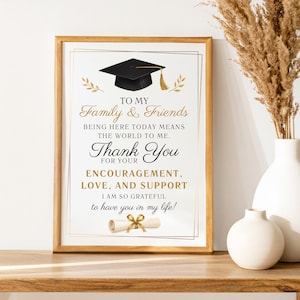 May include: A framed graduation sign with a black mortarboard and gold tassel at the top and a diploma with a gold ribbon at the bottom. The text reads: TO MY Family & Friends BEING HERE TODAY MEANS THE WORLD TO ME. Thank You FOR YOUR ENCOURAGEMENT, LOVE, AND SUPPORT I AM SO GRATEFUL to have you in my life!