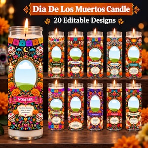 May include: A collection of eleven cylindrical glass candles featuring vibrant Dia De Los Muertos designs with sugar skulls, marigold flowers, and colorful banners. Each candle includes a central oval frame for a photo and a text box labeled NOMBRE.