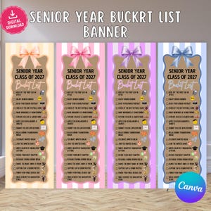 May include: Four vertical banners for the Senior Year Class of 2027 bucket list, each featuring a bow at the top, a checklist with icons, and a digital download badge. The banners come in peach, pink, purple, and blue striped color schemes.