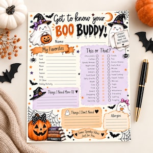 May include: A Get to know your BOO BUDDY activity sheet featuring Halloween illustrations of ghosts in witch hats, pumpkins, bats, and spiderwebs. The page includes sections for My Favorites, This or That, Things I Need More Of, Things I Don't Need, and Allergies.