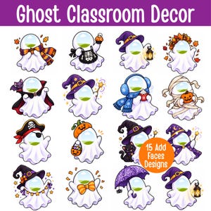 Pode incluir: Uma coleção de 15 ilustrações de fantasmas para decoração de sala de aula, cada uma apresentando um fantasma branco com um rosto de paisagem verde e azul vazio. Os fantasmas usam vários acessórios, incluindo chapéus, cachecóis, abóboras e lanternas, com o texto Ghost Classroom Decor e 15 Add Faces Designs.