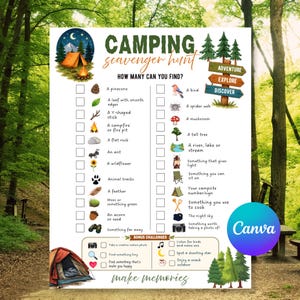 Peut inclure: Une feuille d'activité de chasse au trésor de camping listant des éléments à trouver dans la nature, notamment une pomme de pin, une feuille, un bâton, un feu de camp, un rocher, une fourmi, une fleur, des traces, une plume, de la mousse, un gland, des jumelles, un oiseau, une toile d'araignée, un champignon, un arbre, de l'eau, une lanterne, une chaise, une tente, des ustensiles, le ciel nocturne et un appareil photo.