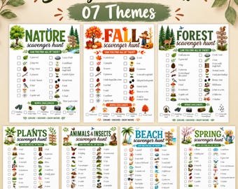 May include: A Scavenger Hunt Bundle featuring seven distinct themes including Nature, Fall, Forest, Plants, Animals & Insects, Beach, and Spring. Each printable sheet contains a checklist of items to find, colourful illustrations, and bonus challenges.