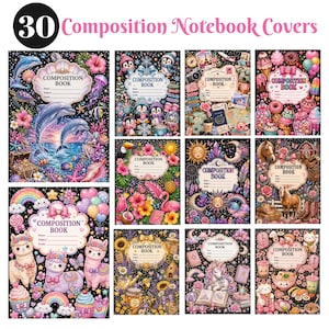 Può includere: Una collezione di 30 copertine per quaderni con diverse illustrazioni colorate su sfondo nero. I disegni includono delfini, pinguini, temi di viaggio, dolci, fiori tropicali, motivi celesti, cavalli, lama, api, unicorni e gatti.