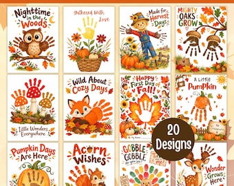 Könnte beinhalten: Eine Sammlung von 20 herbstlichen Handabdruck-Bastelvorlagen für Kinder mit Illustrationen von Eulen, Füchsen, Kürbissen und Truthähnen. Jede Seite bietet Platz für Handabdrücke und Texte wie Nighttime in the Woods, Gathered With Love, Made for Harvest Days, Mighty Oaks Grow, Wild About Cozy Days, Happy First Day of Fall, A Little Pumpkin, Pumpkin Days Are Here, Acorn Wishes und Gobble Gobble.