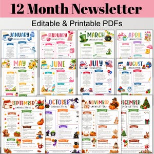 May include: A collection of 12 monthly newsletter templates in editable and printable PDF format. Each page features colorful seasonal illustrations, headers for each month, and designated sections for hello, reminders, updates, birthdays, and contact info.