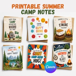May include: Six printable greeting cards featuring summer camp themes. Designs include a rock character, colorful smiley face balloons, a s'more by a campfire, forest animals, a comic-style hug message, and a night scene with a tent and lantern.