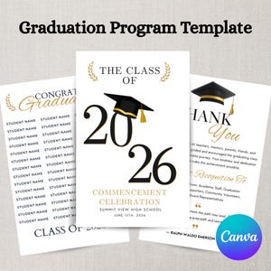May include: A graduation programme template featuring three white pages with black and gold text. The central page displays 'THE CLASS OF 2026' with a black graduation cap icon, 'COMMENCEMENT CELEBRATION', 'SUMMIT VIEW HIGH SCHOOL', and 'JUNE 15TH, 2026'.