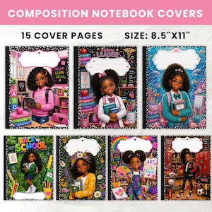 May include: A set of 15 composition notebook covers measuring 8.5"x11". The covers feature illustrations of children in various school settings, including a classroom, a library, and an art studio, with blank white labels for personalization.